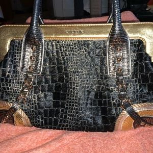 Cromia calf fur crocodile leather handbag